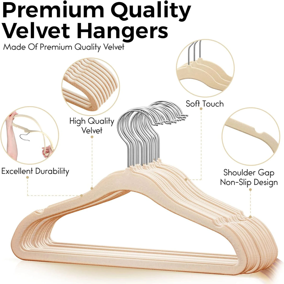 A light beige velvet hanger with a curved design shown alongside details about its quality and durability.
