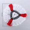 White microfiber mop head replacement with red accents and measurement lines.