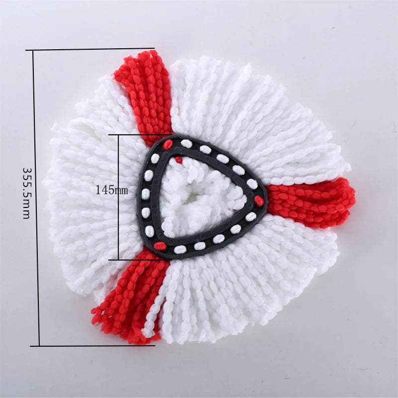 White microfiber mop head replacement with red accents and measurement lines.