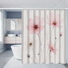 A shower curtain featuring pink peony floral patterns in a light neutral background.
