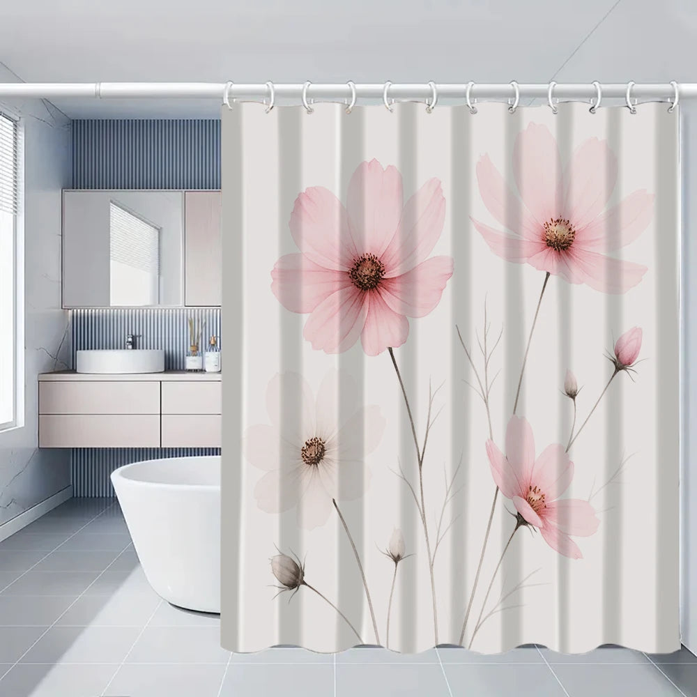 A shower curtain featuring pink peony floral patterns in a light neutral background.