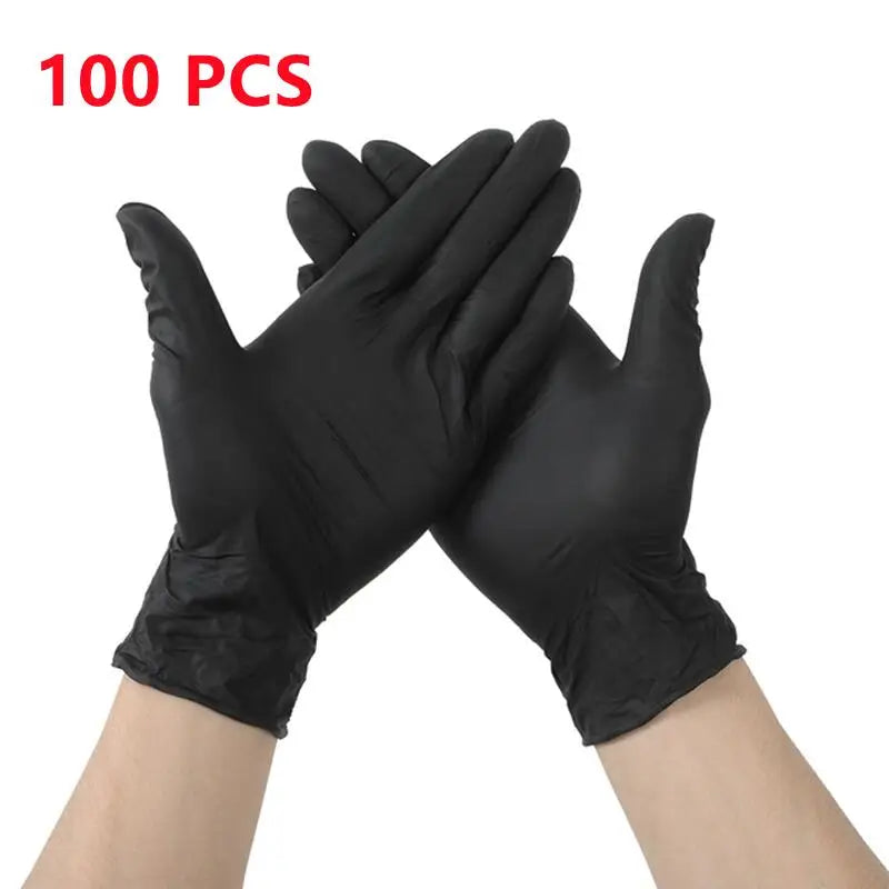 A pair of black disposable nitrile cleaning gloves shown against a white background.