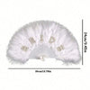 A white feather hand fan with a bridal theme featuring decorative elements and a fan shape.