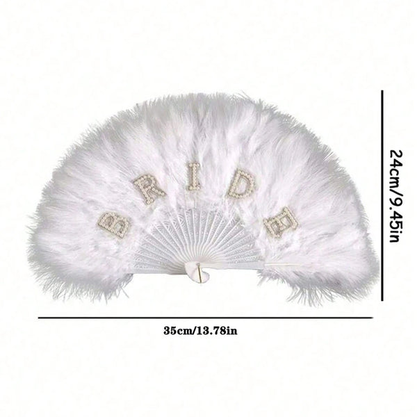 A white feather hand fan with a bridal theme featuring decorative elements and a fan shape.