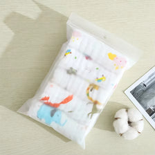 A clear plastic bag containing a 5-pack of organic cotton baby and face wipes on a light surface.
