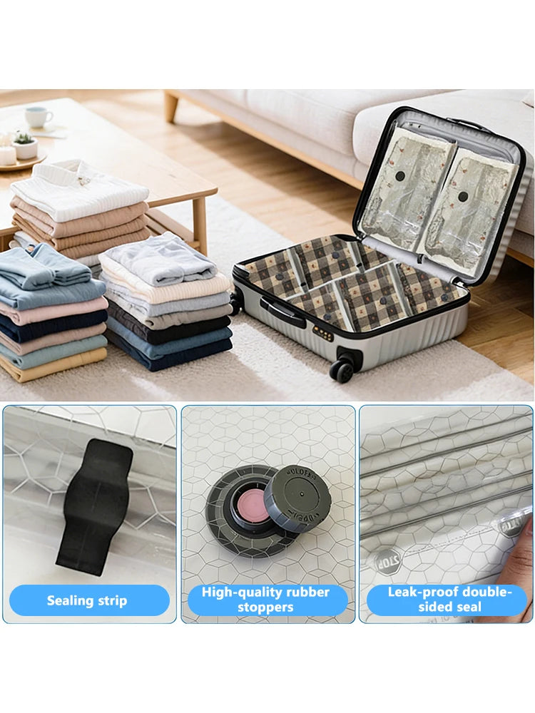 A portable vacuum compression travel bag with sealing strips and rubber stoppers shown next to stacked towels.