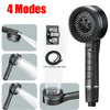 A black high pressure shower head with four modes and a one-key stop feature is shown in various spray patterns.