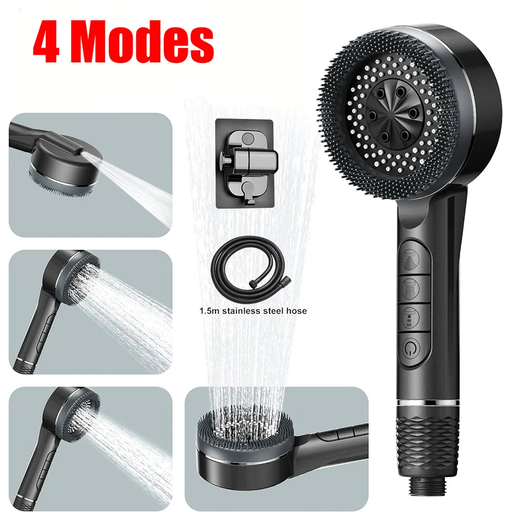 A black high pressure shower head with four modes and a one-key stop feature is shown in various spray patterns.