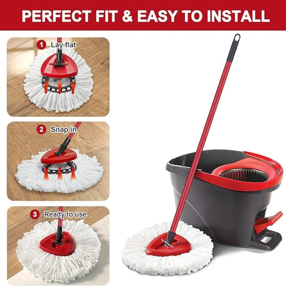 Replacement mop head for O-Cedar and Vileda systems shown in installation steps.