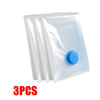 Three clear vacuum storage bags with blue hand pumps for compressing clothes and blankets
