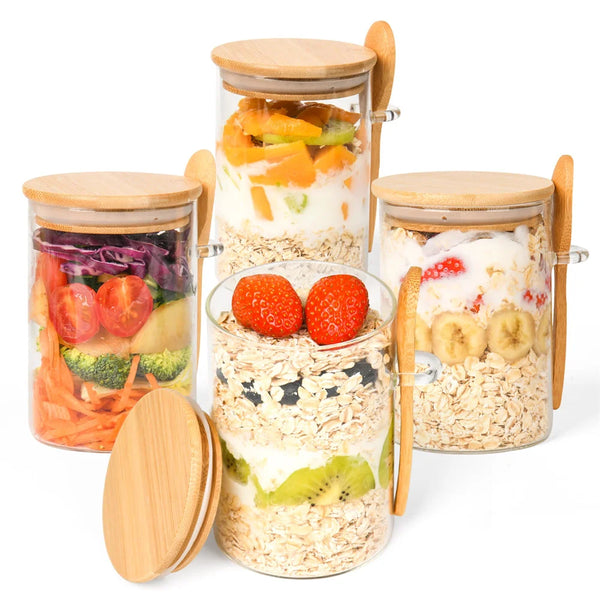 A set of airtight glass jars with wooden lids containing various fruit and grain mixtures for meal prep