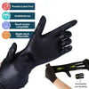A hand wearing a black disposable nitrile glove is shown, highlighting the glove's quality and flexibility.