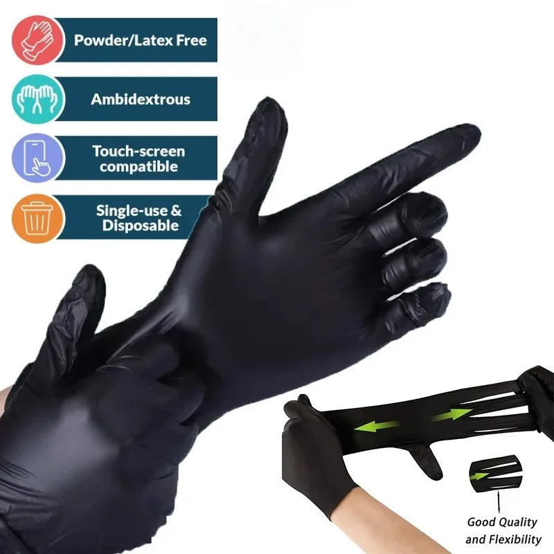 A hand wearing a black disposable nitrile glove is shown, highlighting the glove's quality and flexibility.