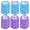 A set of three disappearing toilet brushes in light blue and purple with long handles.