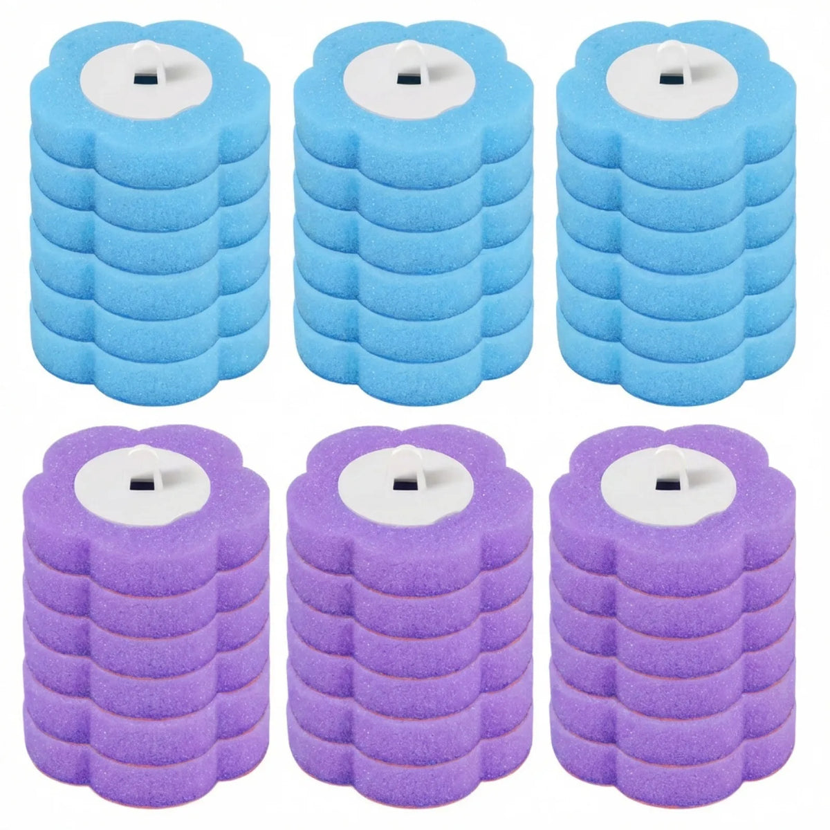 A set of three disappearing toilet brushes in light blue and purple with long handles.