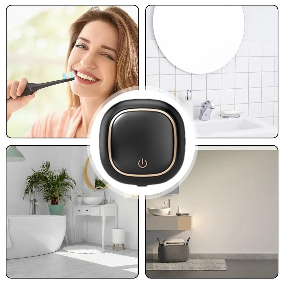 A portable UV electric toothbrush cleaner is shown in various contexts, including a woman using it and its design.