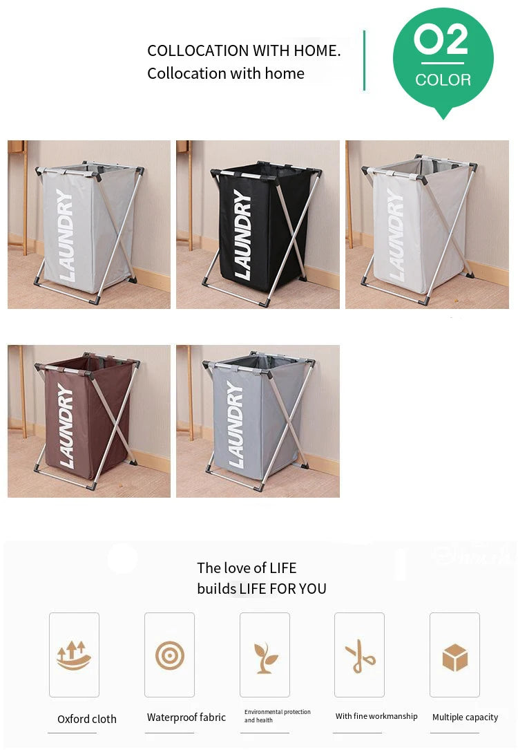 A collection of foldable laundry baskets in various colors and materials, including Oxford cloth and waterproof fabric.