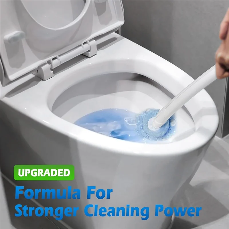 A hand is using a white toilet wand refill head in a white toilet bowl for deep cleaning.