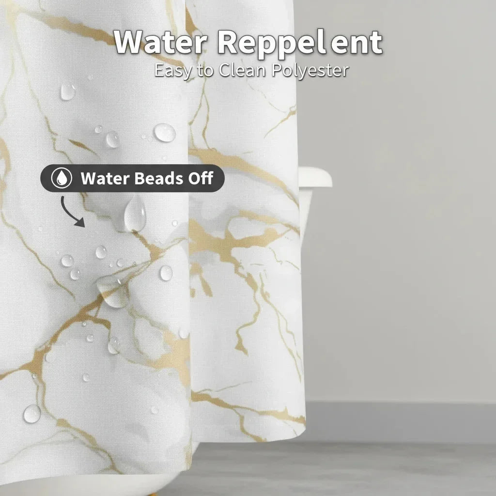 Close-up of a white and gold marble design shower curtain showing water beads off the fabric.