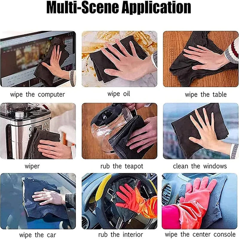 A collection of thickened microfiber cleaning cloths used for various multi-scene applications like wiping computers, oil, ta