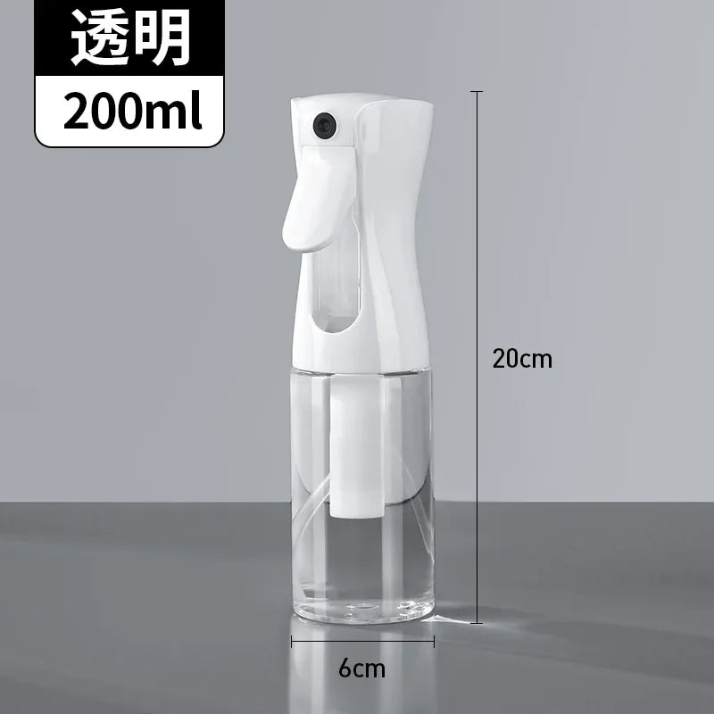 A clear white refillable continuous mist spray bottle with a white nozzle and a black cap, shown against a gray background.