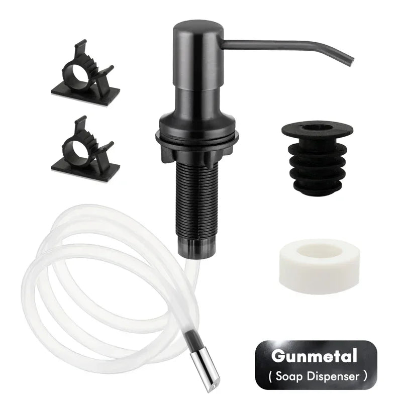 Stainless steel liquid soap dispenser with a black pump and clear tubing