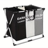 A foldable waterproof laundry basket with a black and light gray striped design.