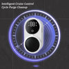A white electronic device with a circular display and a rotating element is shown within a glowing blue circle.