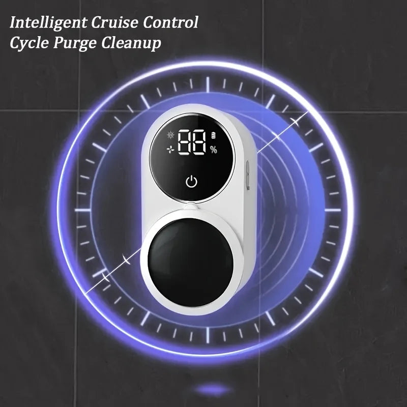 A white electronic device with a circular display and a rotating element is shown within a glowing blue circle.