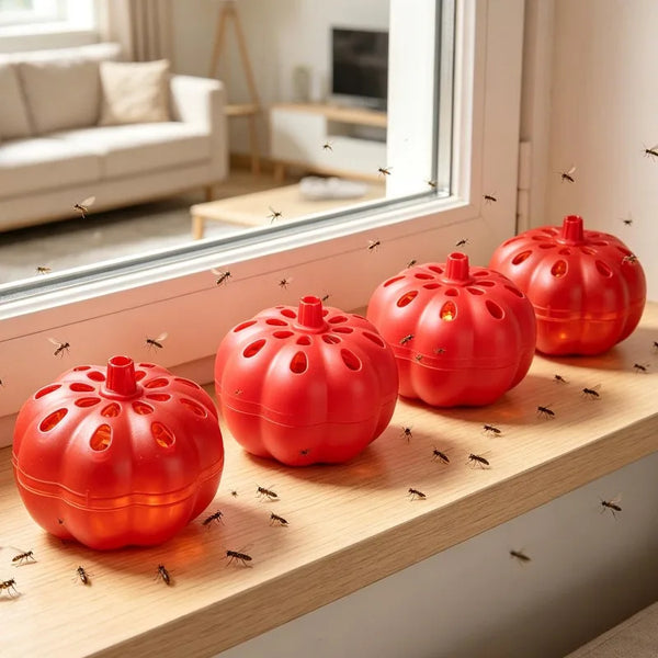 A row of bright red reusable fruit fly traps sits on a wooden shelf near a window with small insects flying around them.