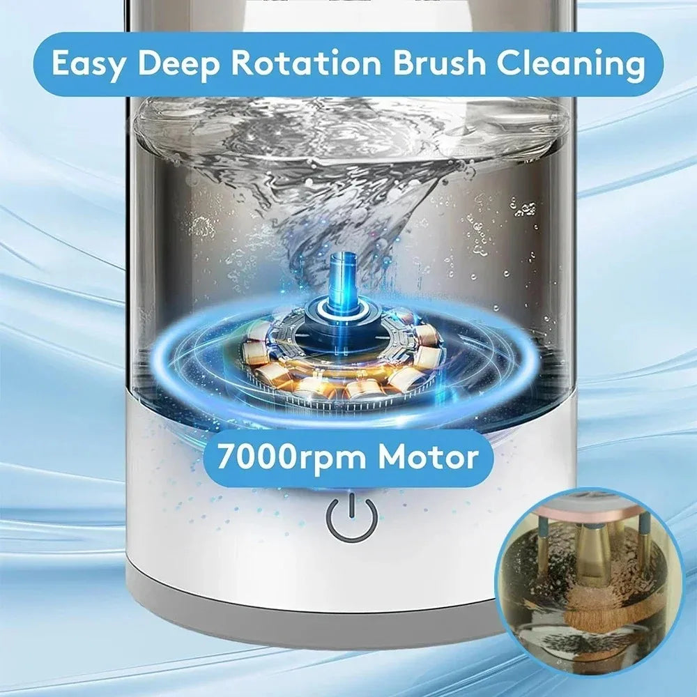 A close-up of an automatic electric makeup brush cleaner with a spinning brush inside a clear container.