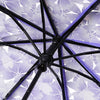 Schwarzer Regenschirm mit lila Blumenmuster, von oben betrachtet.