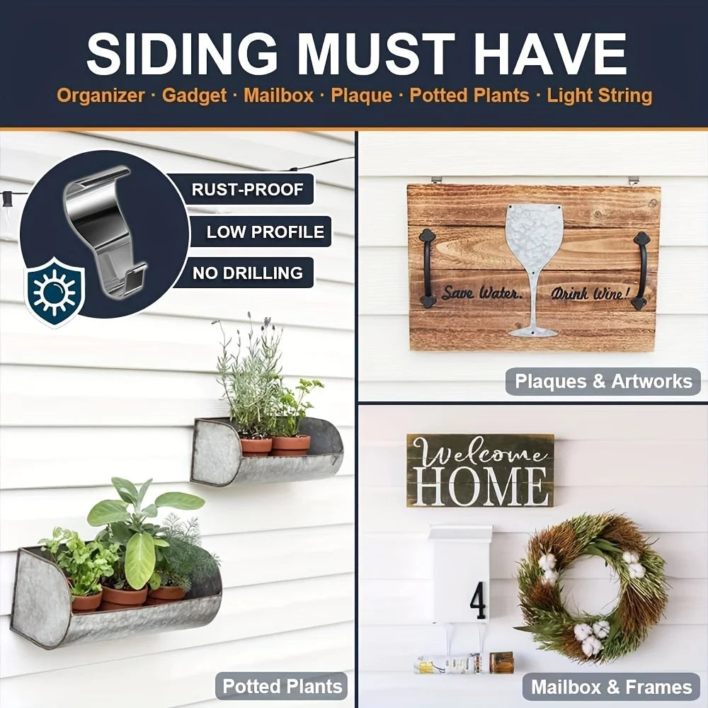 A set of heavy duty vinyl siding hooks and accessories including an organizer, gadget, mailbox, plaque, potted plants, and li