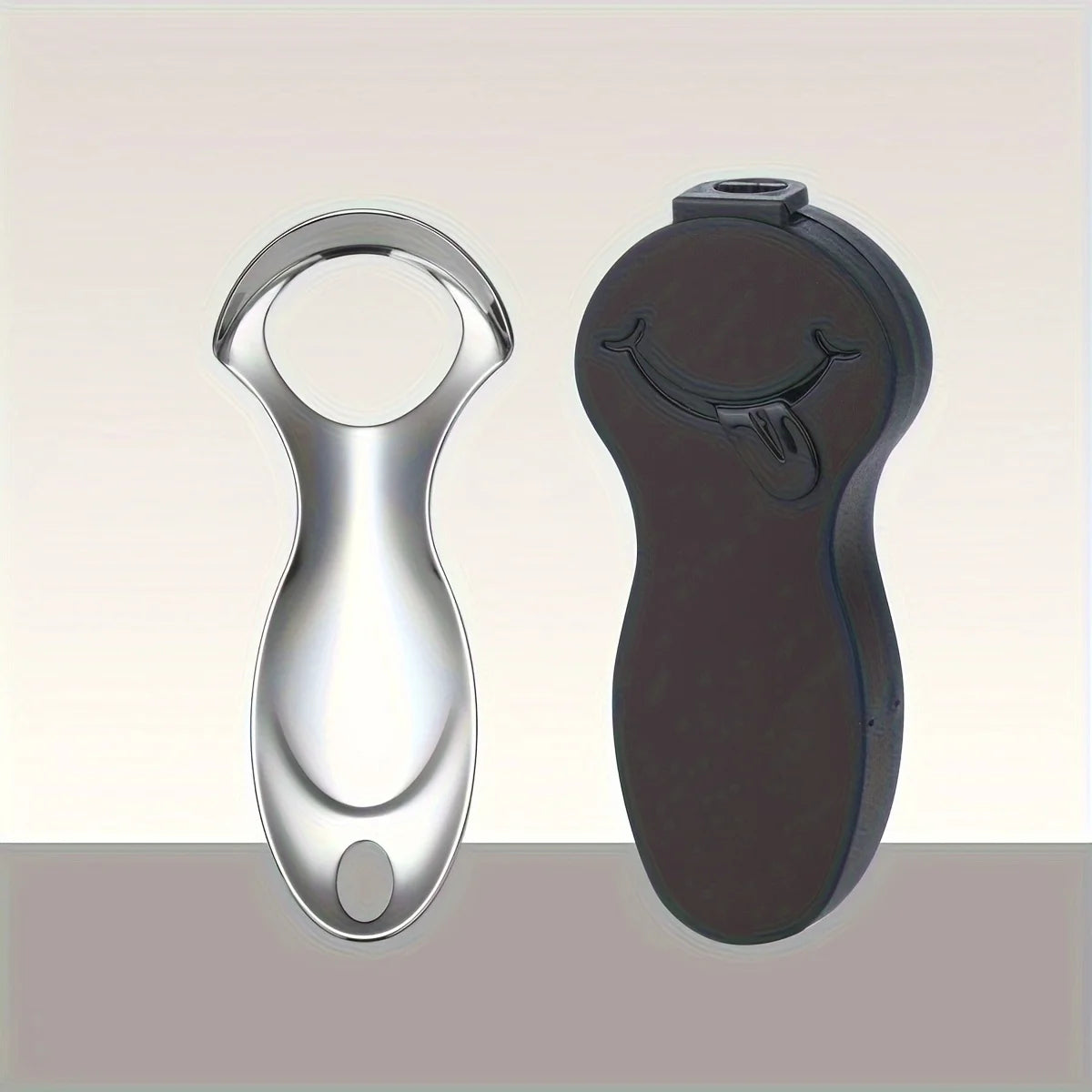 Stainless steel tongue scraper with a protective case shown in a side-by-side view.