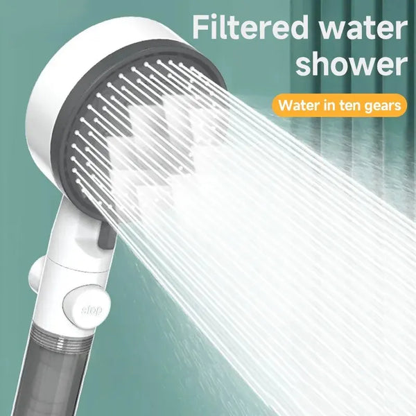 A white handheld shower head is spraying filtered water in a stream against a green background.