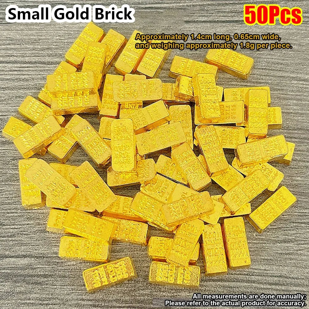 A pile of small gold bricks, approximately 50 pieces, yellow in color.