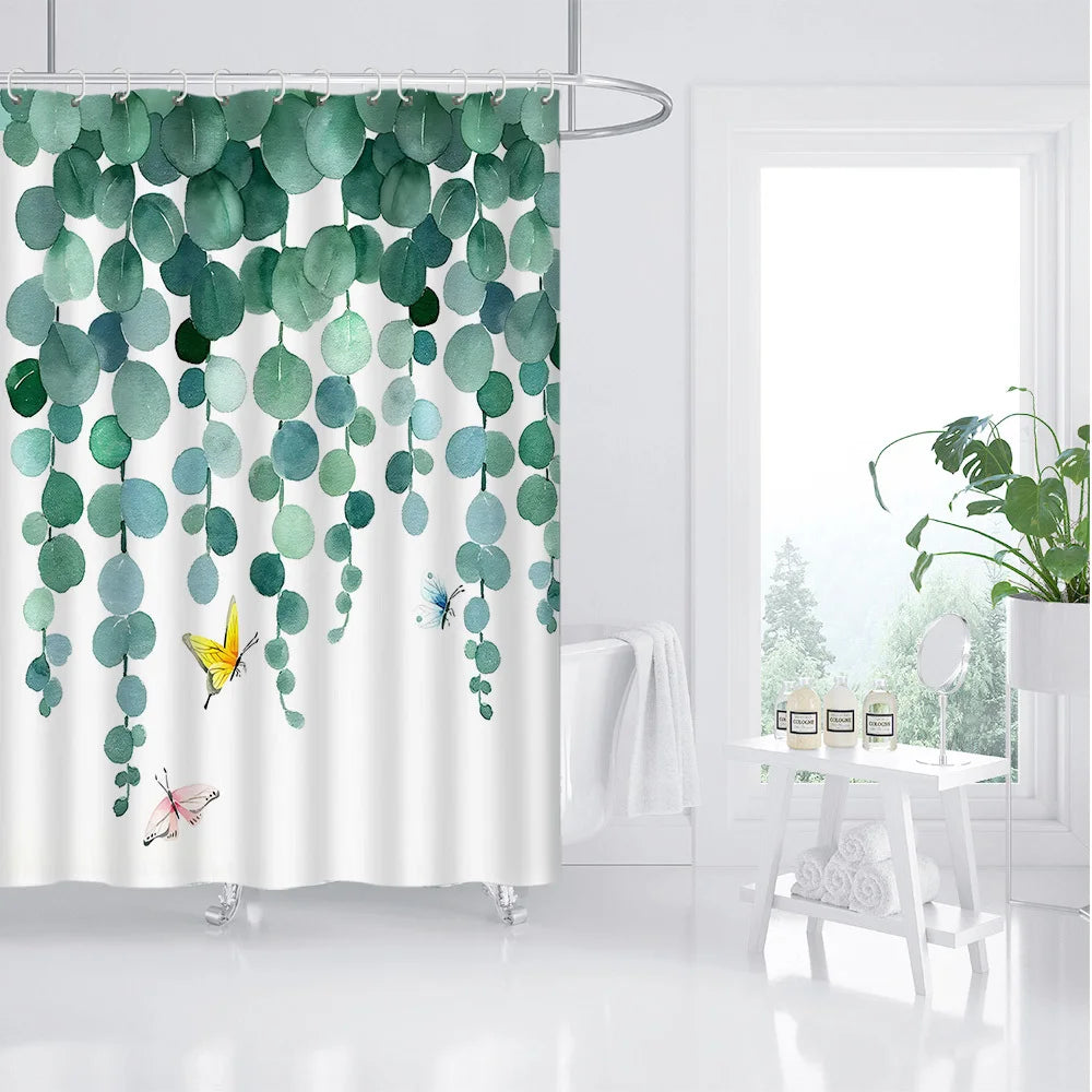 A shower curtain featuring a tropical garden design with green leaves and colorful butterflies.