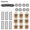 A collection of replacement parts for a Dreame robot vacuum, including various components and accessories.