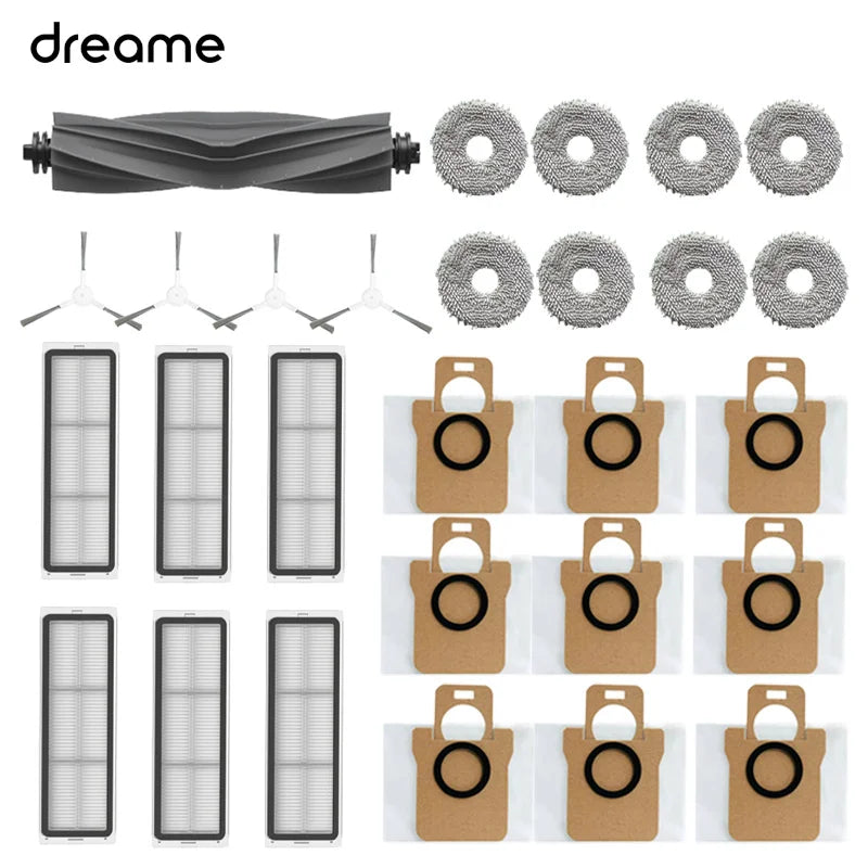 A collection of replacement parts for a Dreame robot vacuum, including various components and accessories.