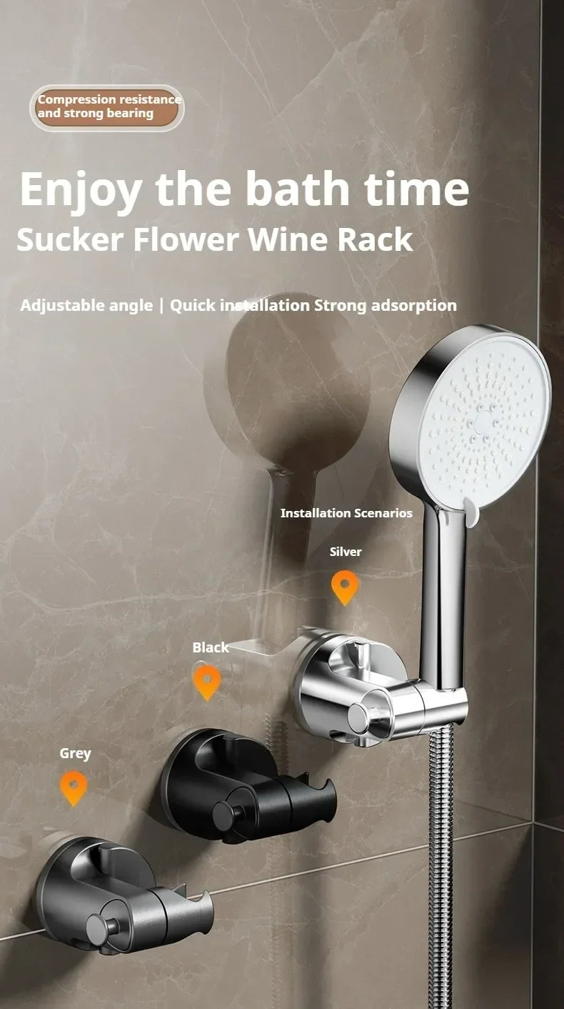 A silver No-Drill Adjustable Suction Cup Flower Wine Rack shower head holder installed on a bathroom wall.