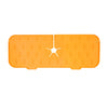 Orange silicone faucet splash guard mat with a central drain hole for kitchen or bathroom use