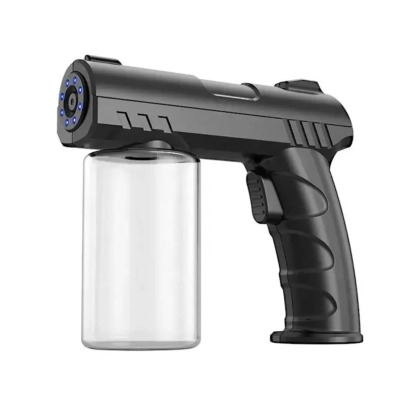 A black nano steam sprayer bottle with a visible tank and a grip, shown from the side.