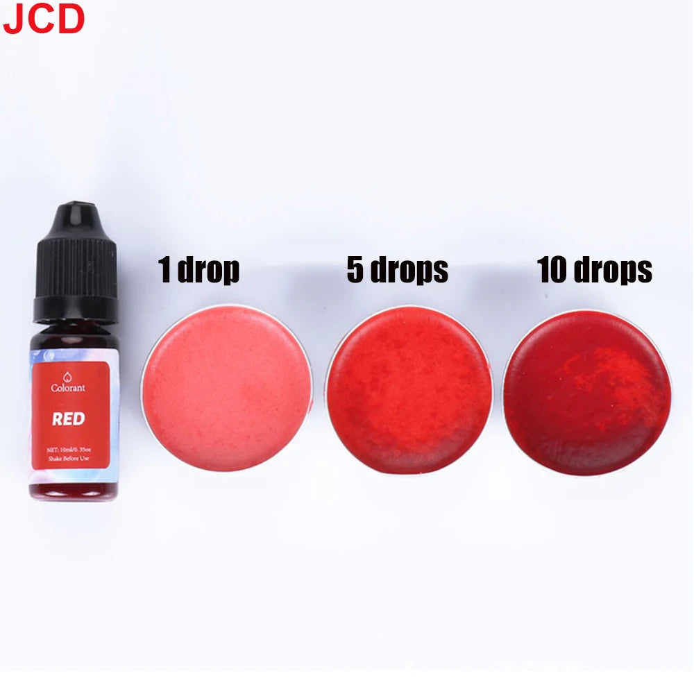 A bottle of red liquid candle dye next to three discs showing 1, 5, and 10 drops of the red color.