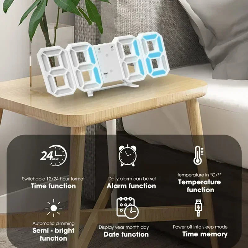 A white 3D LED digital alarm clock displaying various functions like time, alarm, temperature, and date.