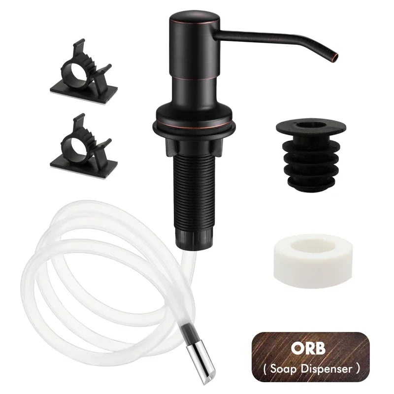Black stainless steel liquid soap dispenser with an extension tube and a white foam disc