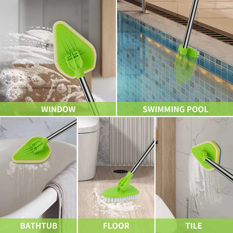 A set of telescopic triangle cleaning brushes in lime green used for window, swimming pool, bathtub, floor, and tile cleaning