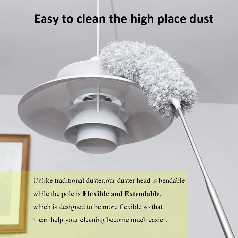 A white extendable microfiber duster with a fluffy head is shown hanging from a rod.