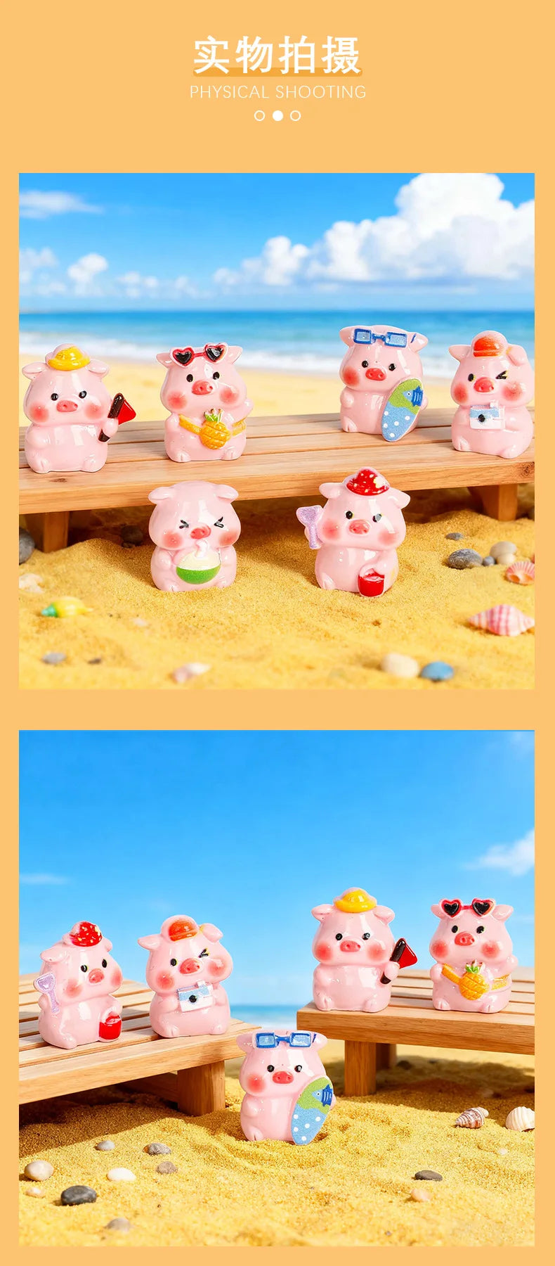 Colección de figuras de cerdo en resina rosa en diversas poses y colores sobre una superficie de madera junto a...