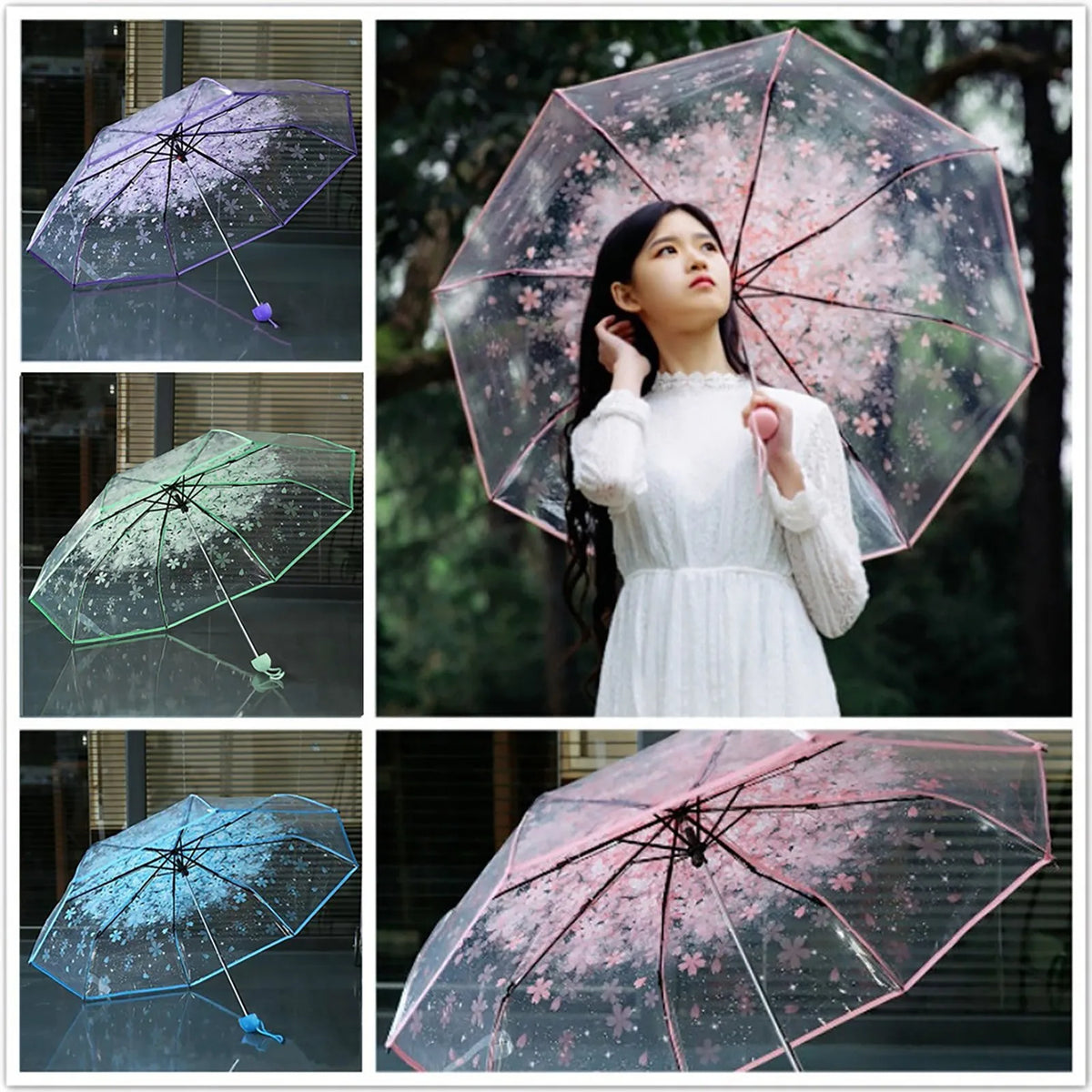 Eine Frau hält einen klaren Regenschirm mit rosa Blumenmuster vor einem verschwommenen grünen Hintergrund.