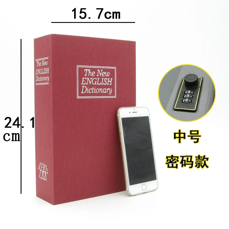 A red box labeled The New ENGLISH Dictionary next to a smartphone showing a combination lock.